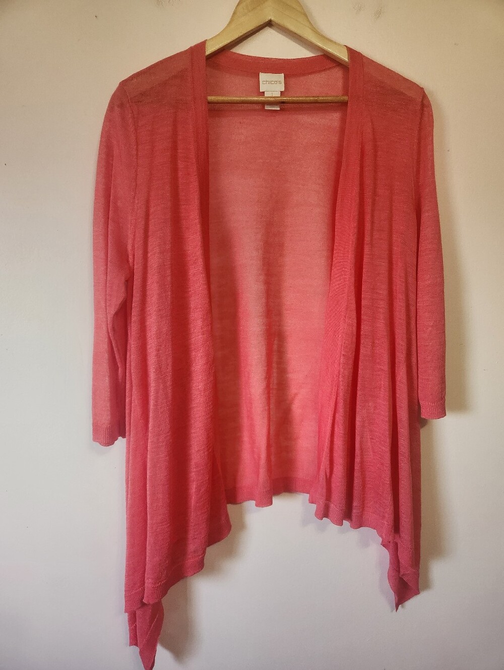Chico's Coral Ramie Rayon Open Front Sharkbite Draped Cardigan Size M / 1